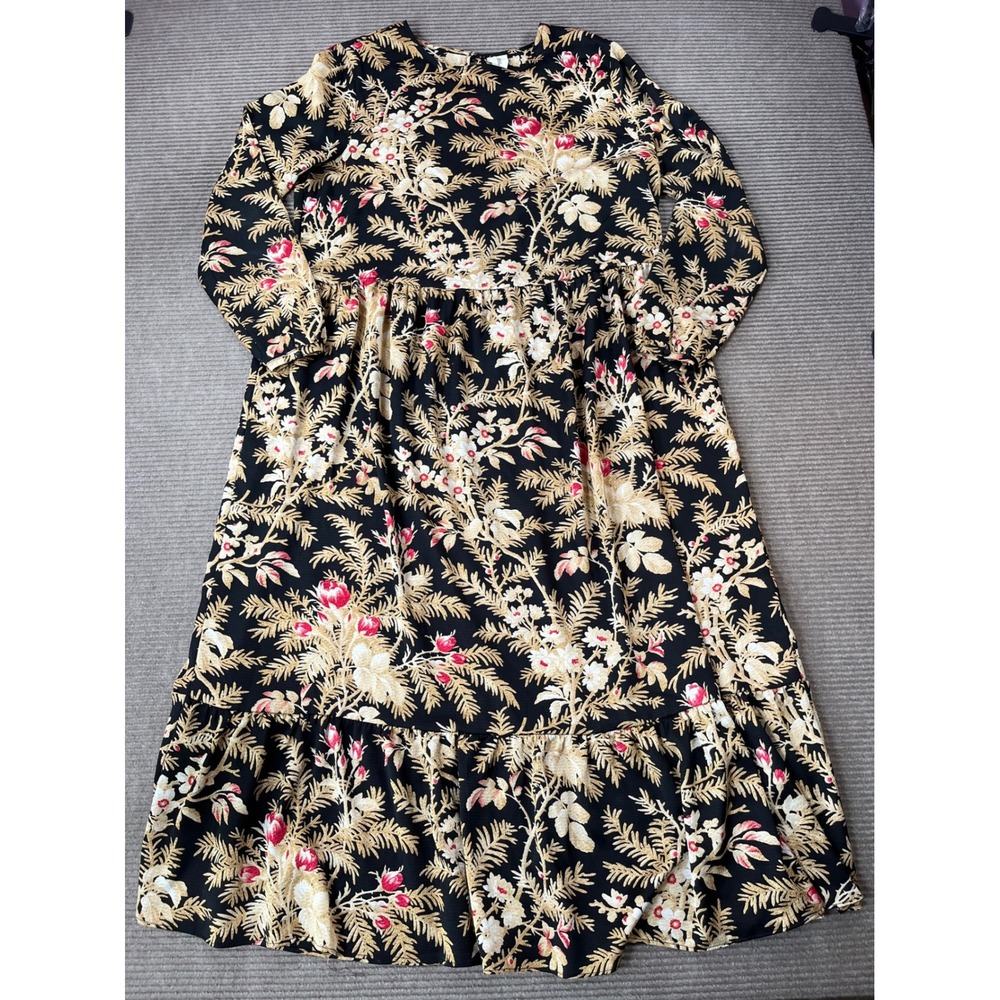 H&M‎ Black Floral Botanical Tiered Midi Dress Long Sleeve Size M